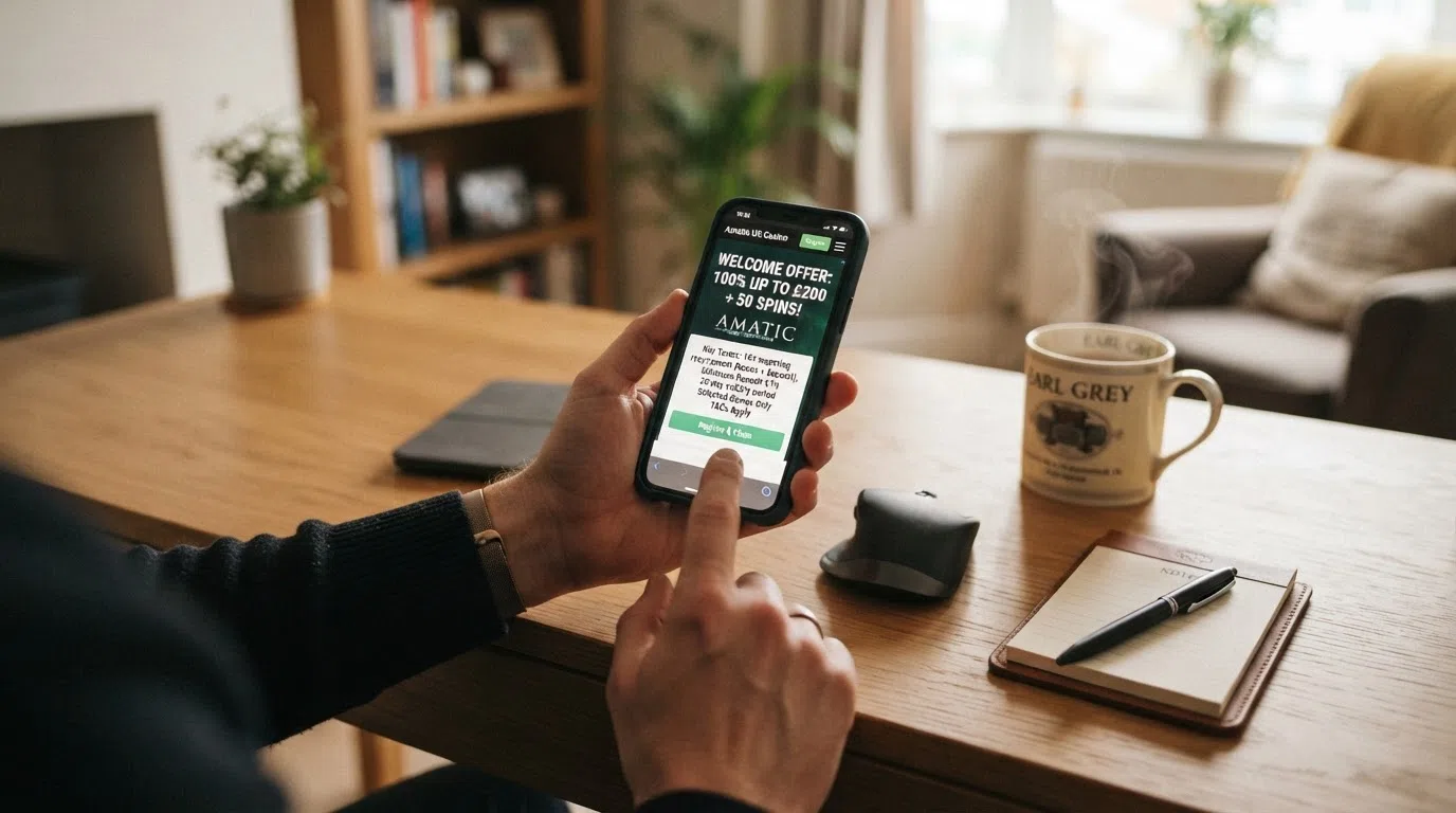 A welcome-bonus banner on an Amatic casino registration page with the key terms — wagering multiplier, minimum deposit and validity window — highlighted in callouts