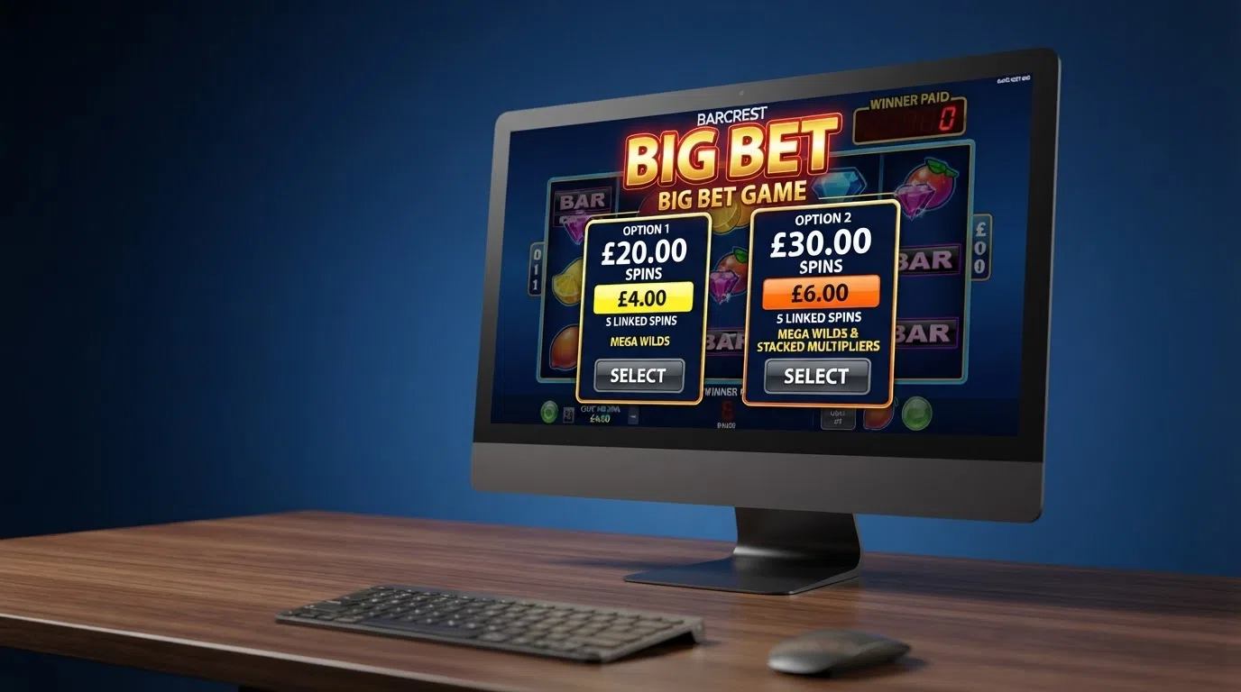 The Big Bet mode activation screen on a Barcrest slot, showing the higher-stakes linked-spin options and cost per spin