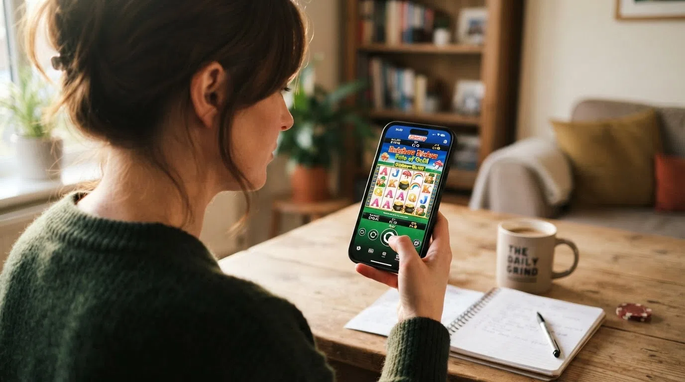 A smartphone held in one hand displaying a Barcrest slot running in a mobile browser, with touch controls visible