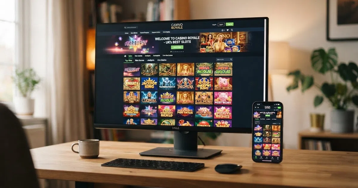 A grid of Amatic online casino homepages displayed across desktop and mobile screens, with a UK Gambling Commission logo visible