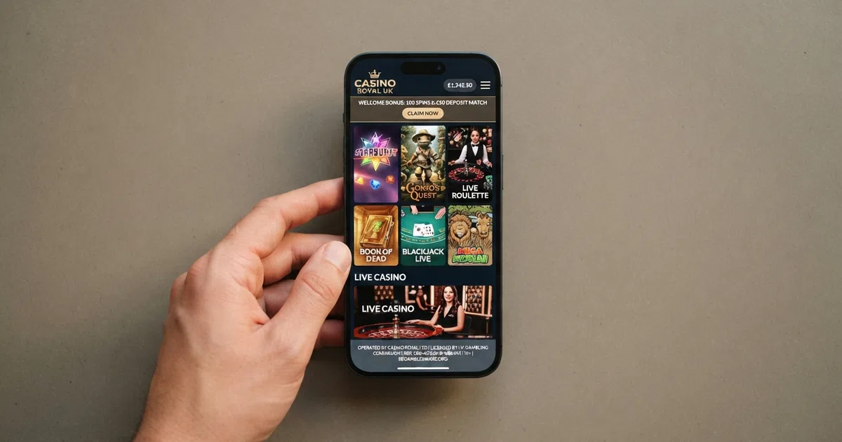 A UK Android smartphone displaying a casino app home screen with slot-game thumbnails, held in one hand against a neutral background