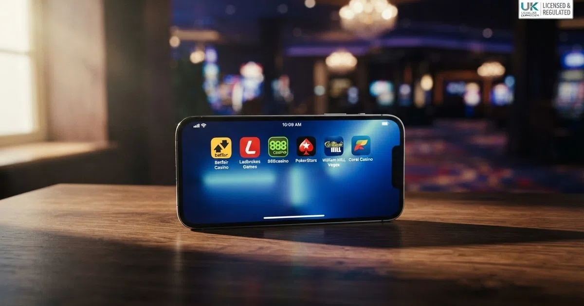 A smartphone screen displaying a row of UK casino app icons with a UKGC licence badge overlay, set against a clean app-store-style background