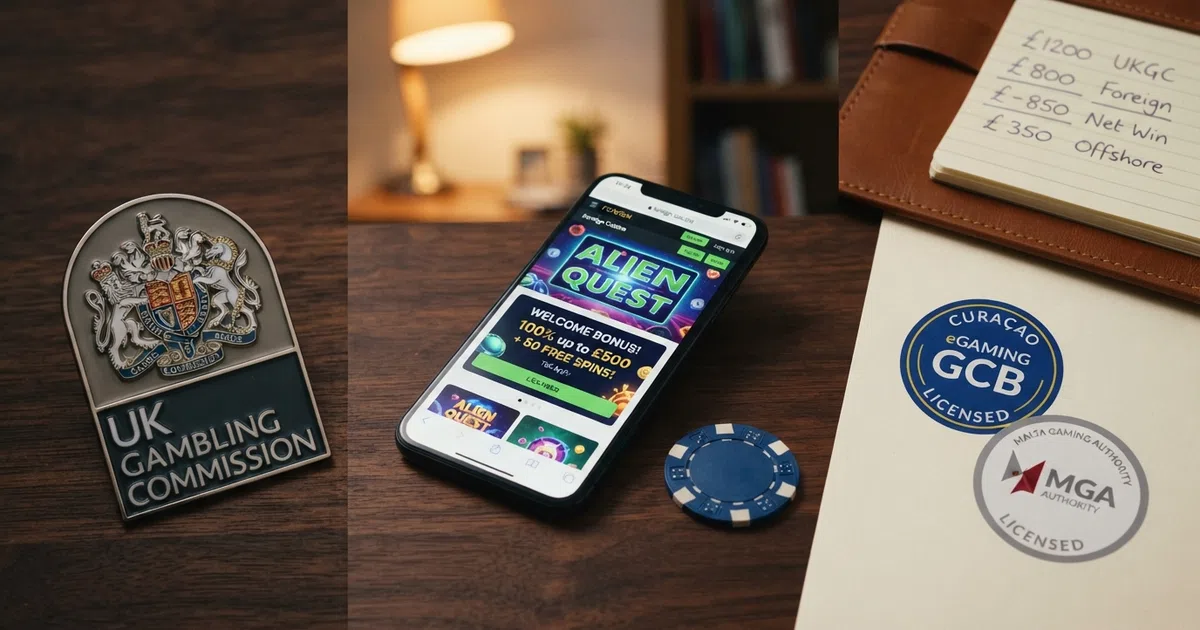 A split frame contrasting a UKGC badge on the left with an array of international licence seals (Curaçao GCB, Costa Rica, MGA) on the right, with a UK consumer's screen in the centre showing a casino homepage.