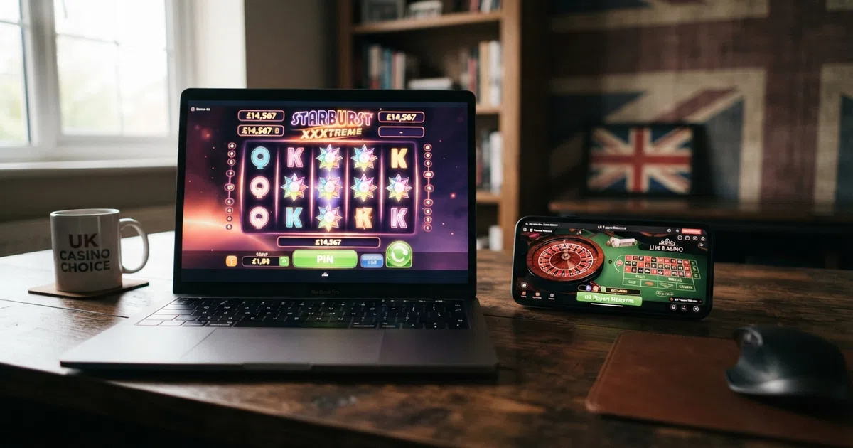 A laptop and smartphone displaying international casino lobbies side by side, with a Union Jack subtly visible in the background