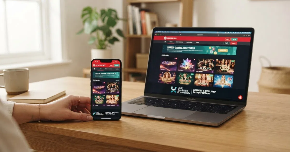 A desktop and mobile screen side by side showing the lobby of a clean, modern UK online casino with a responsible-gambling banner and a UKGC licence badge visible in the footer.