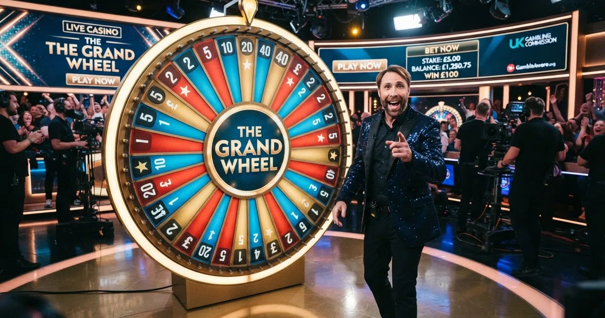 A live casino game-show studio with a host standing beside a large illuminated money wheel, colourful lights and a digital betting display on screen