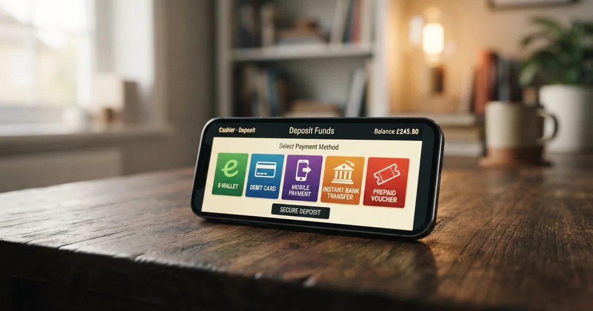 A smartphone screen showing a UK online casino cashier page with multiple payment method icons — PayPal, Visa debit, Apple Pay, Trustly and Paysafecard — arranged as tappable options