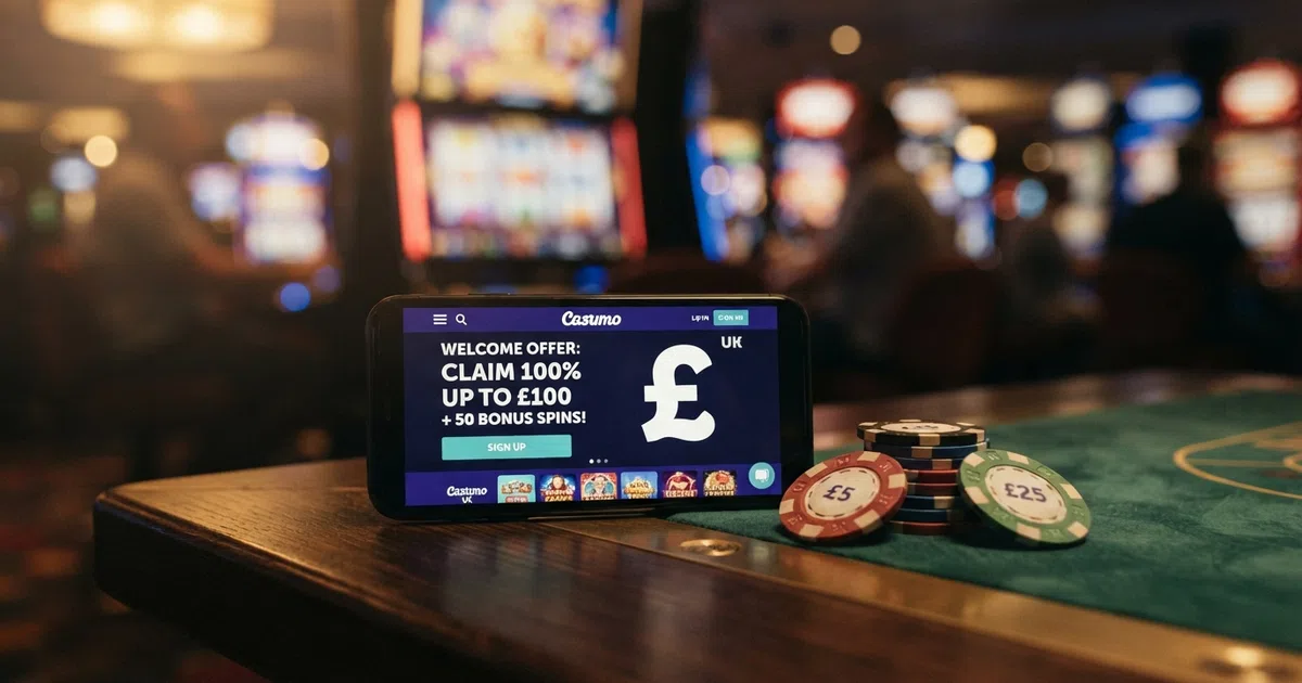 A smartphone displaying a UK online casino welcome-offer screen beside a set of casino chips and spinning slot reels on a dark background
