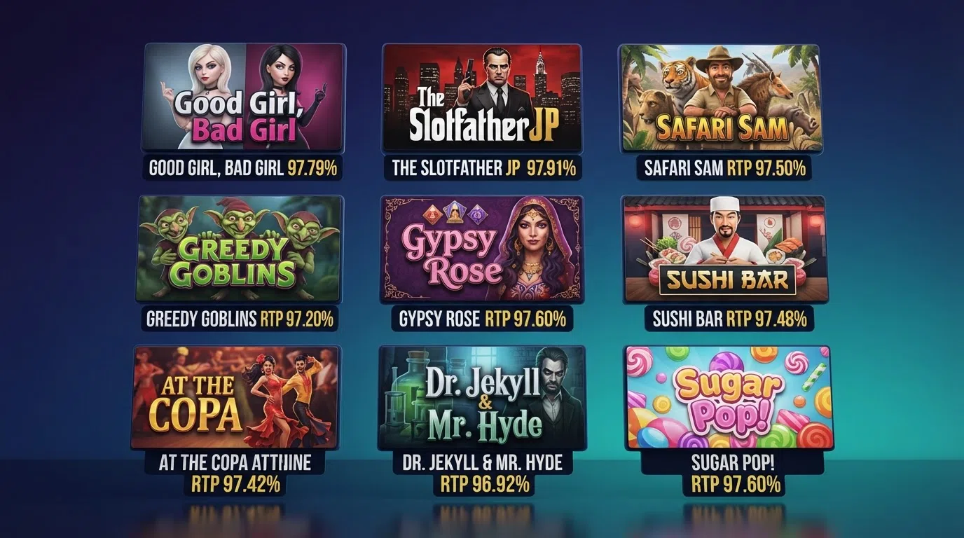 A grid of BetSoft slot title cards including Good Girl Bad Girl and The Slotfather, with RTP percentages superimposed