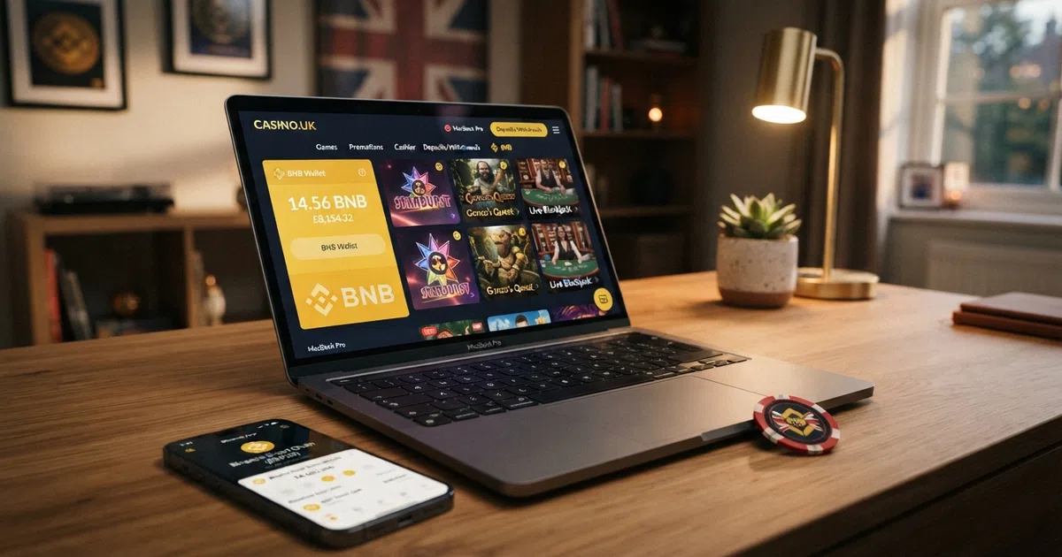A desktop screen showing a BNB wallet balance on one side and a casino game lobby on the other with a Union Jack motif visible in the background