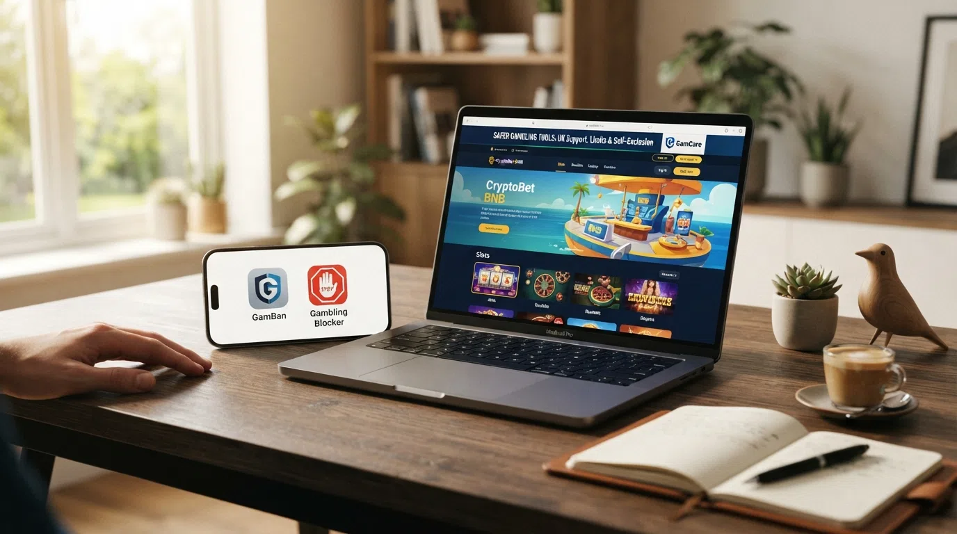 A smartphone displaying GamStop and GamCare app icons beside a casino lobby screen
