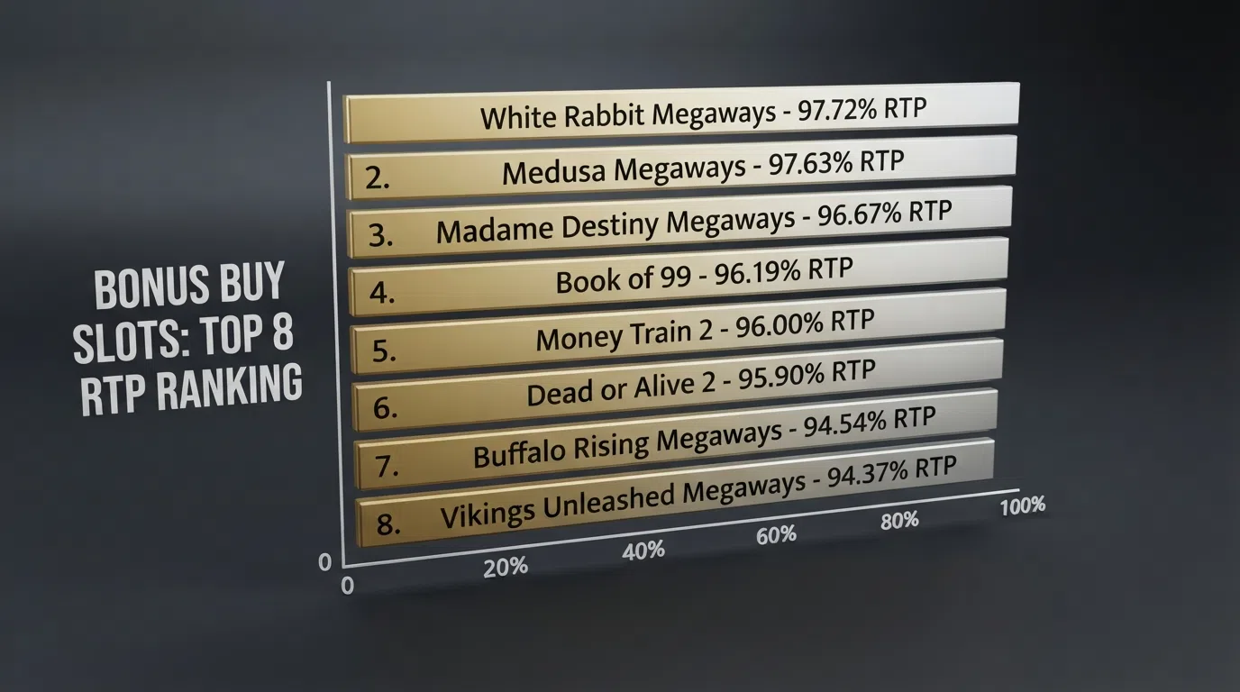 A horizontal bar chart ranking the top eight bonus buy slot titles by RTP, with each bar labelled by title name and RTP percentage, sorted highest to lowest