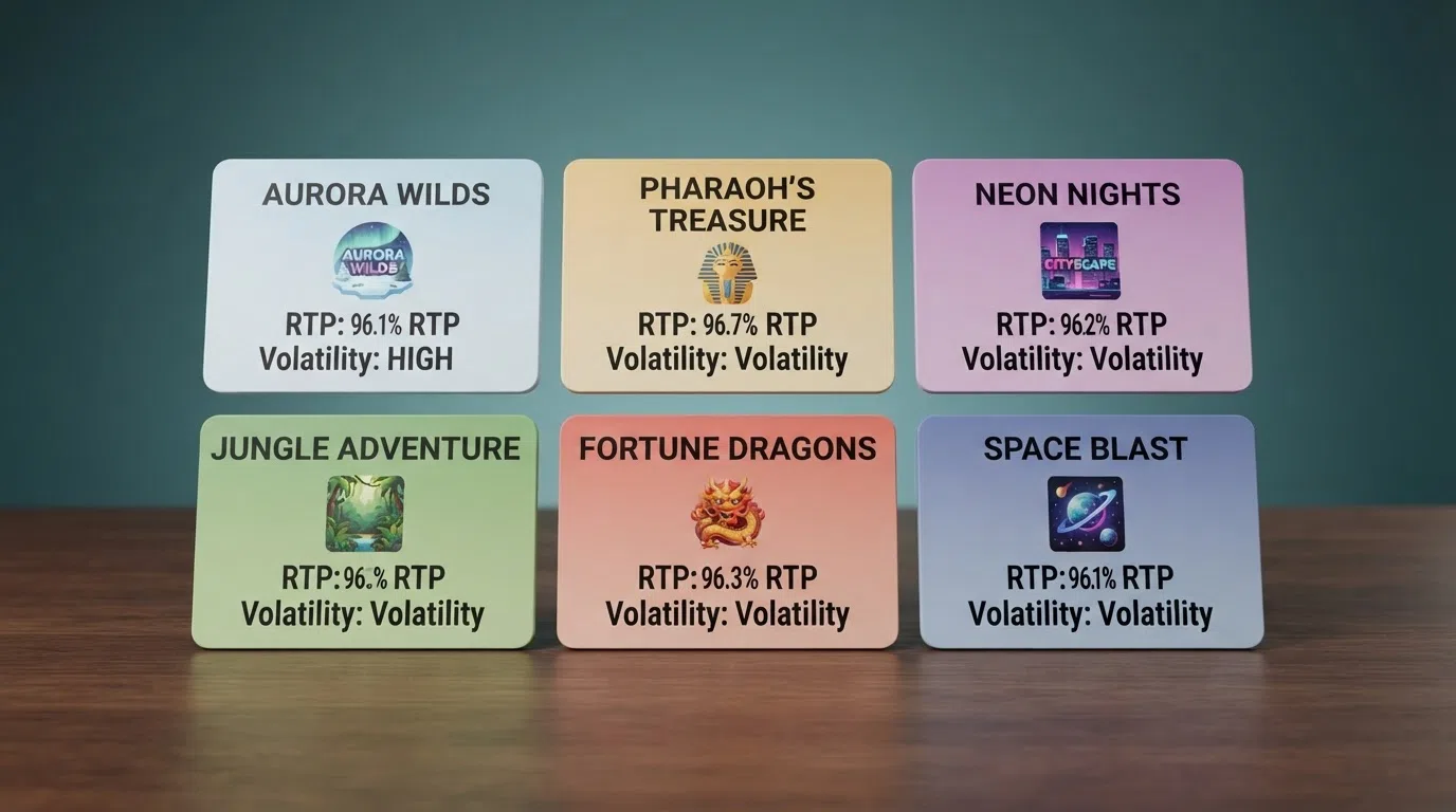 A grid of six slot-title cards — Starburst, Big Bass Bonanza, Book of Dead, Sweet Bonanza, Eye of Horus and Fishin' Frenzy — each showing its RTP percentage and volatility label