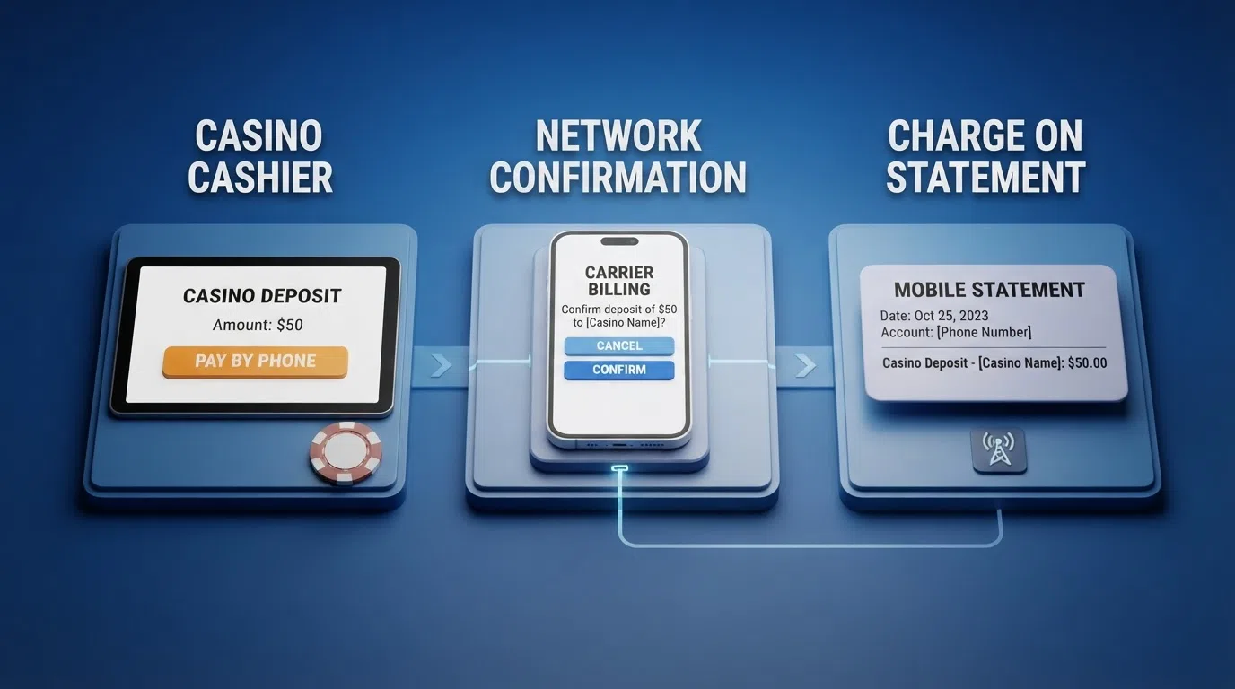 A simplified diagram showing the three-step carrier-billing deposit flow: casino cashier → mobile network confirmation → charge added to monthly bill or deducted from PAYG credit
