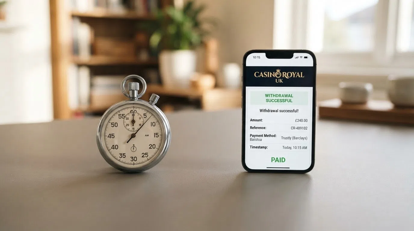A side-by-side visual of a stopwatch and a UK casino withdrawal screen showing a completed PayPal withdrawal with a timestamp, contrasted against a pending bank-transfer status