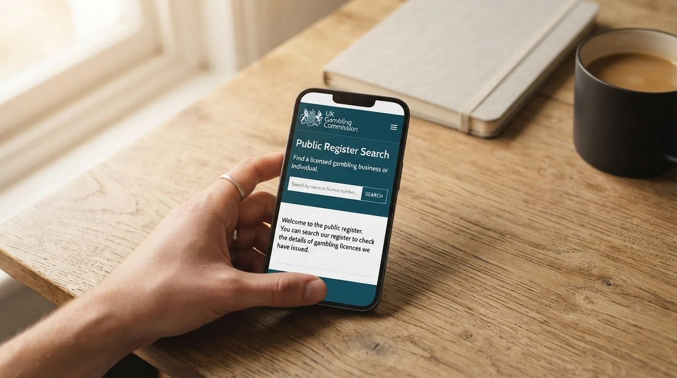 A hand holding a phone showing a regulator's licence search screen