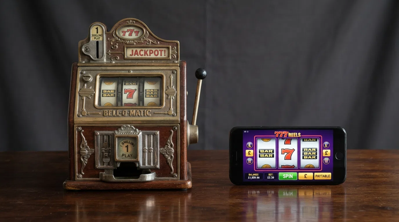 A split-screen view contrasting a vintage mechanical 3-reel slot cabinet with a modern smartphone displaying the same bar-and-seven symbol set in an HTML5 online slot