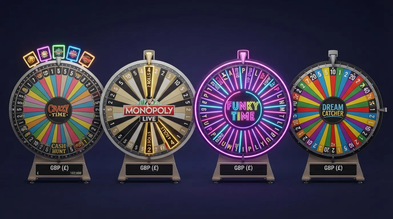 Four game-show wheels side by side on screen — Crazy Time's 64-segment wheel with its four bonus-round portals, Monopoly Live's wheel with the 2 Rolls and 4 Rolls segments highlighted, Funky Time's disco-lit wheel, and the original Dream Catcher money wheel