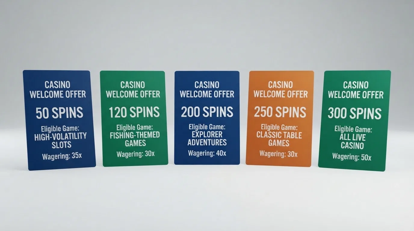 A neatly laid-out comparison view of several UK casino welcome-offer cards showing spin counts, wagering terms and eligible slots side by side
