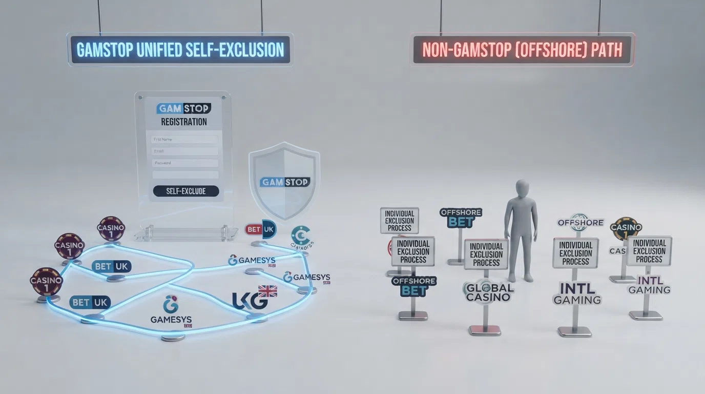 A diagram showing the GAMSTOP self-exclusion flow — a single registration blocking access to every UKGC-licensed site — contrasted with the non-GamStop path where no cross-operator block exists and the player carries their own exclusion