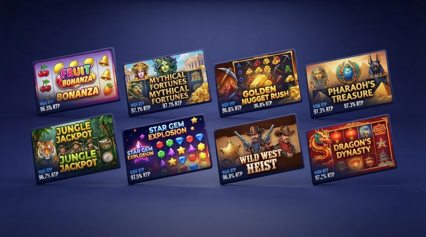 A selection of Amatic slot game tiles arranged by RTP, featuring Book of Aztec, Admiral Nelson and Diamond Monkey