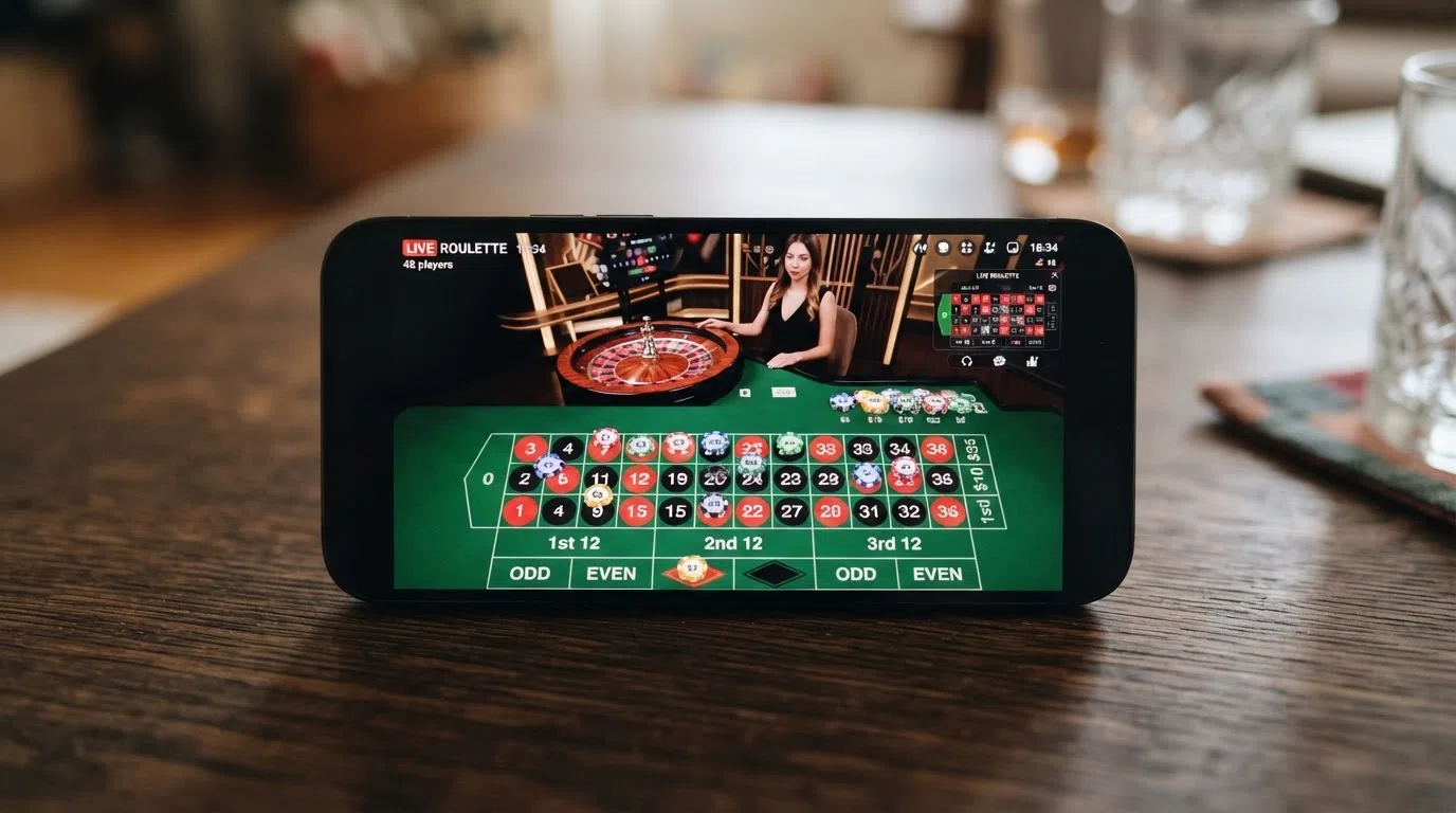 A modern smartphone held in landscape orientation displaying a live roulette betting grid with the dealer stream framed above it