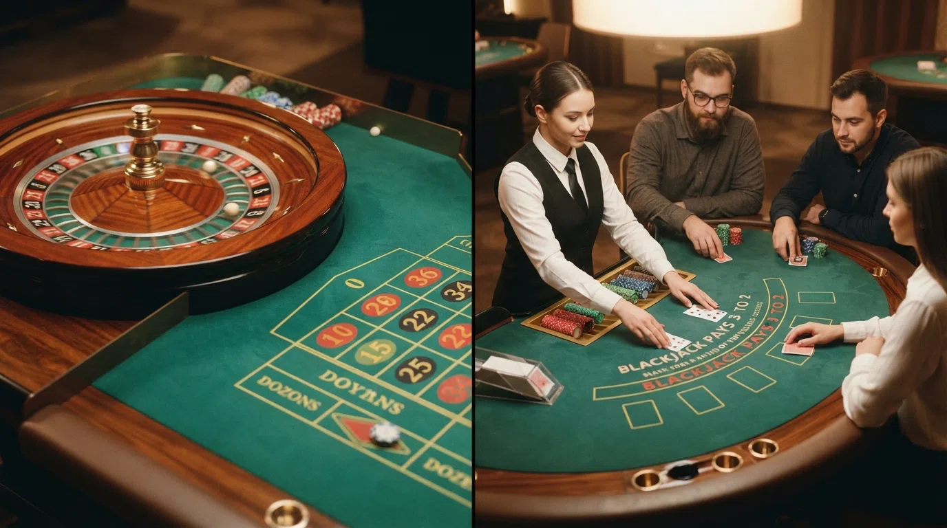 Split screen showing a live roulette wheel on one side and a blackjack table with a dealer and three player positions on the other