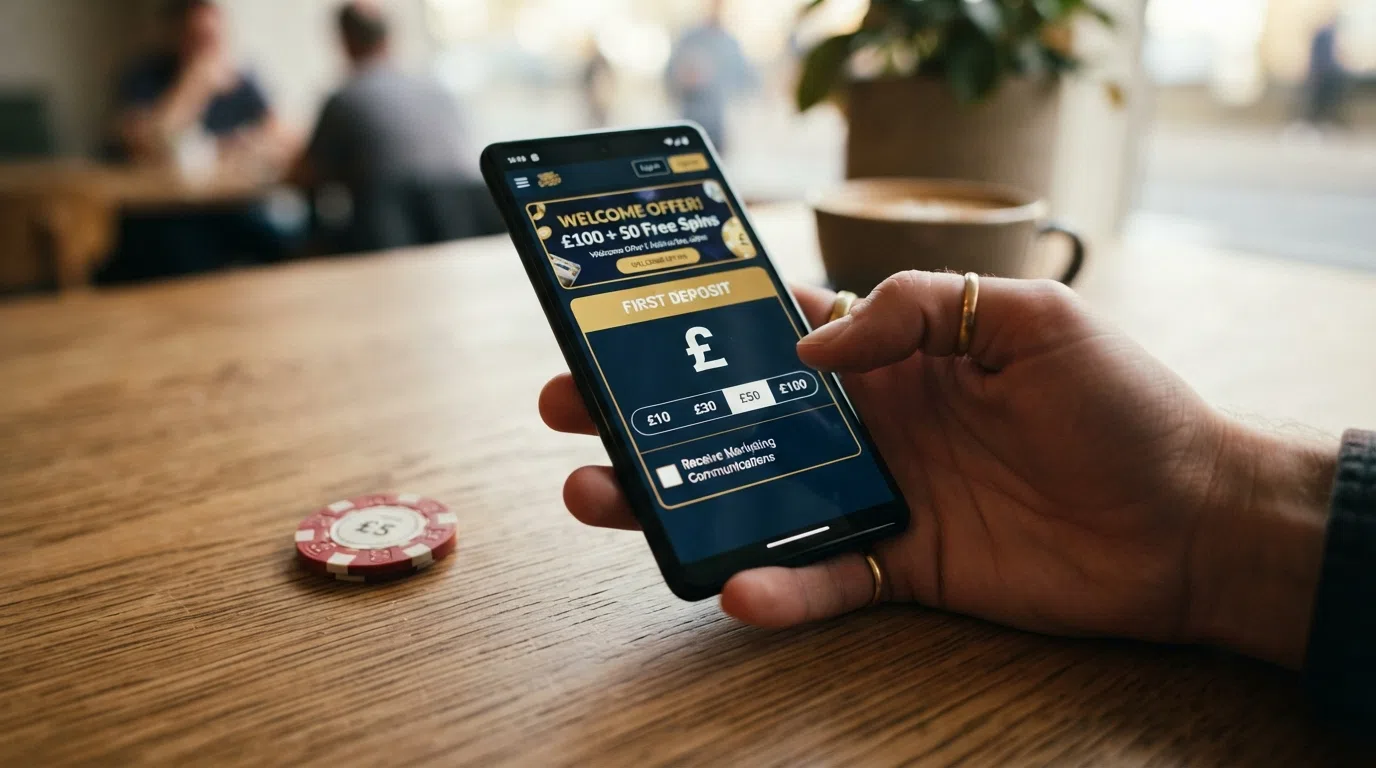 A hand holding a smartphone displaying a casino app welcome-offer screen with an unticked opt-in box and a deposit-amount selector