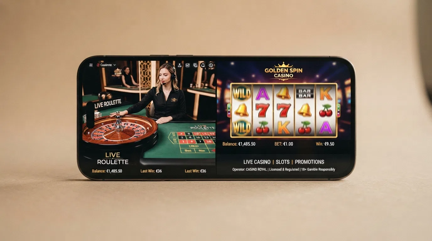 An Android phone in landscape mode showing a live-dealer roulette table on the left and a slot-game reel on the right, with the UKGC licence number visible in the app footer