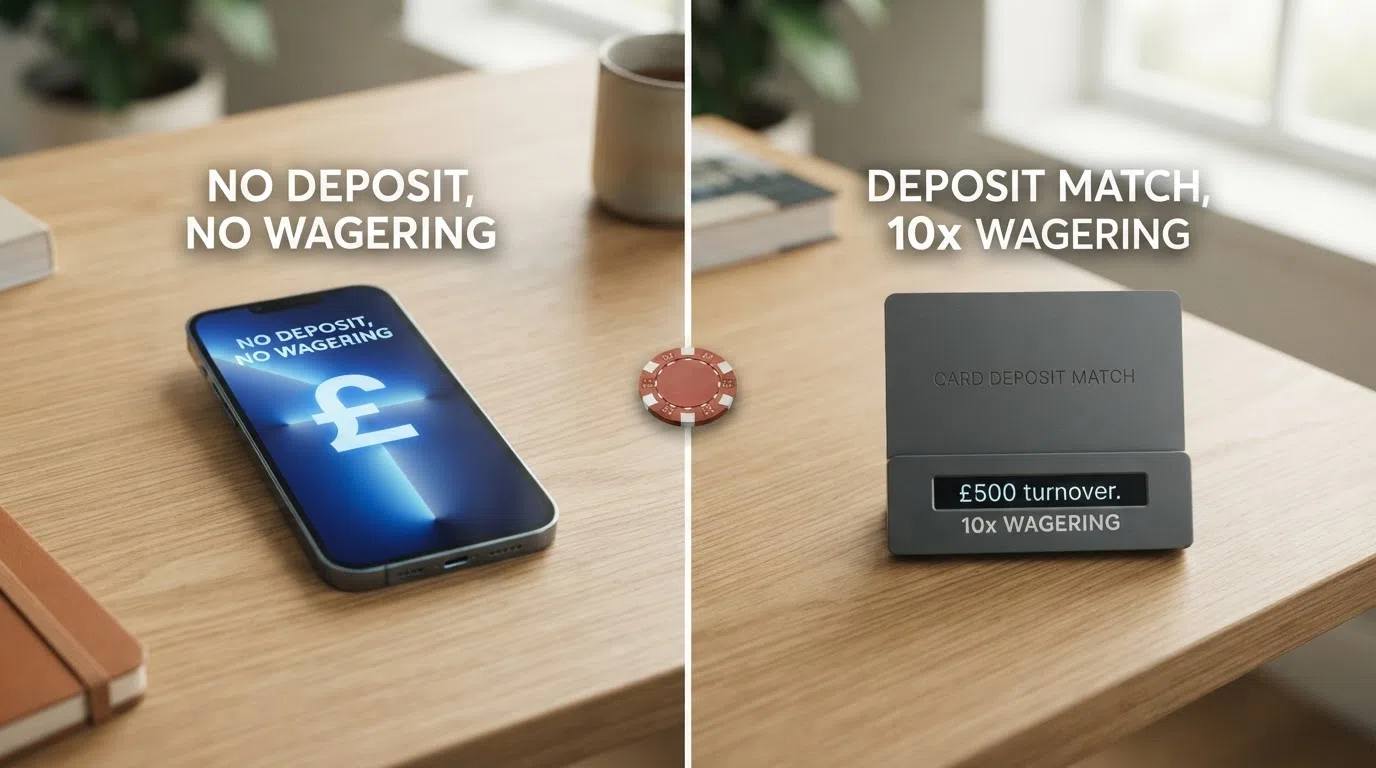 Two side-by-side offer panels — one marked “No Deposit, No Wagering” with a cash symbol, the other marked “Deposit Match, 10x Wagering” with a turnover counter