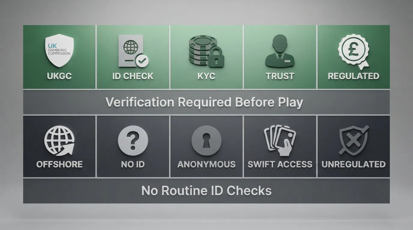 A visual comparison grid showing the ten featured casino logos arranged in two rows — five GB-licensed operators above a green bar labelled “Verification Required Before Play” and five offshore operators below a grey bar labelled “No Routine ID Checks.”