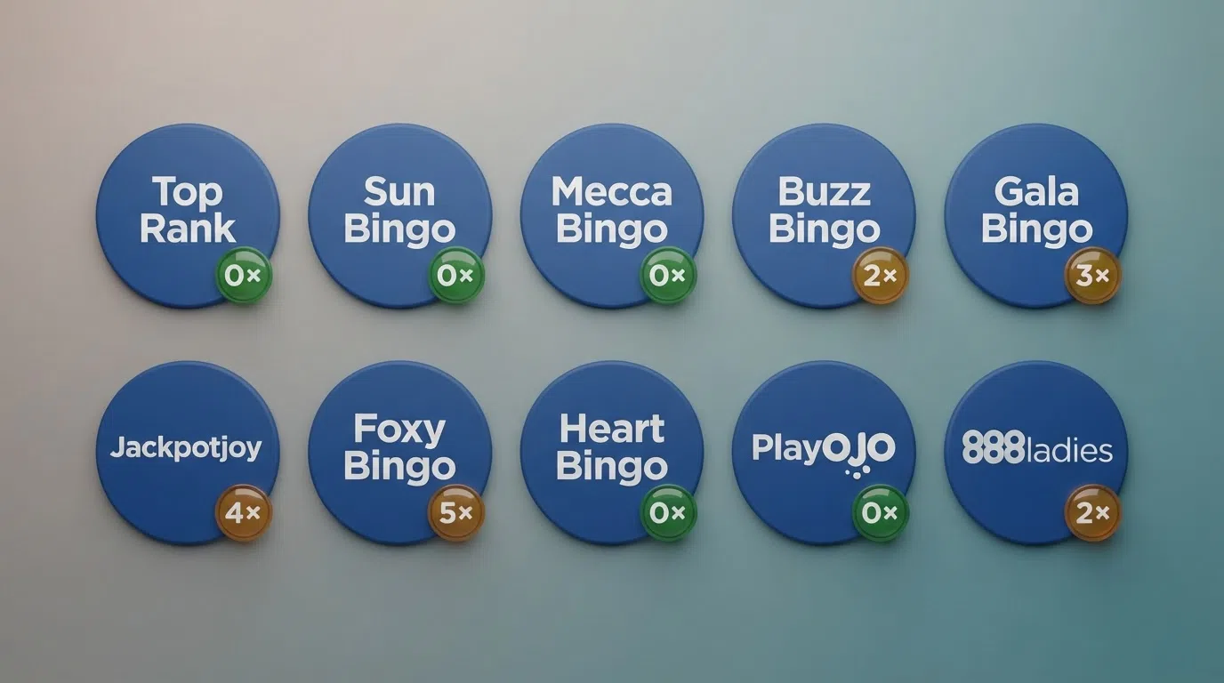 A side-by-side grid of ten UK bingo site logos arranged in two rows of five, each with a small badge showing its wagering multiple — 0× badges in green, 2×–5× in amber