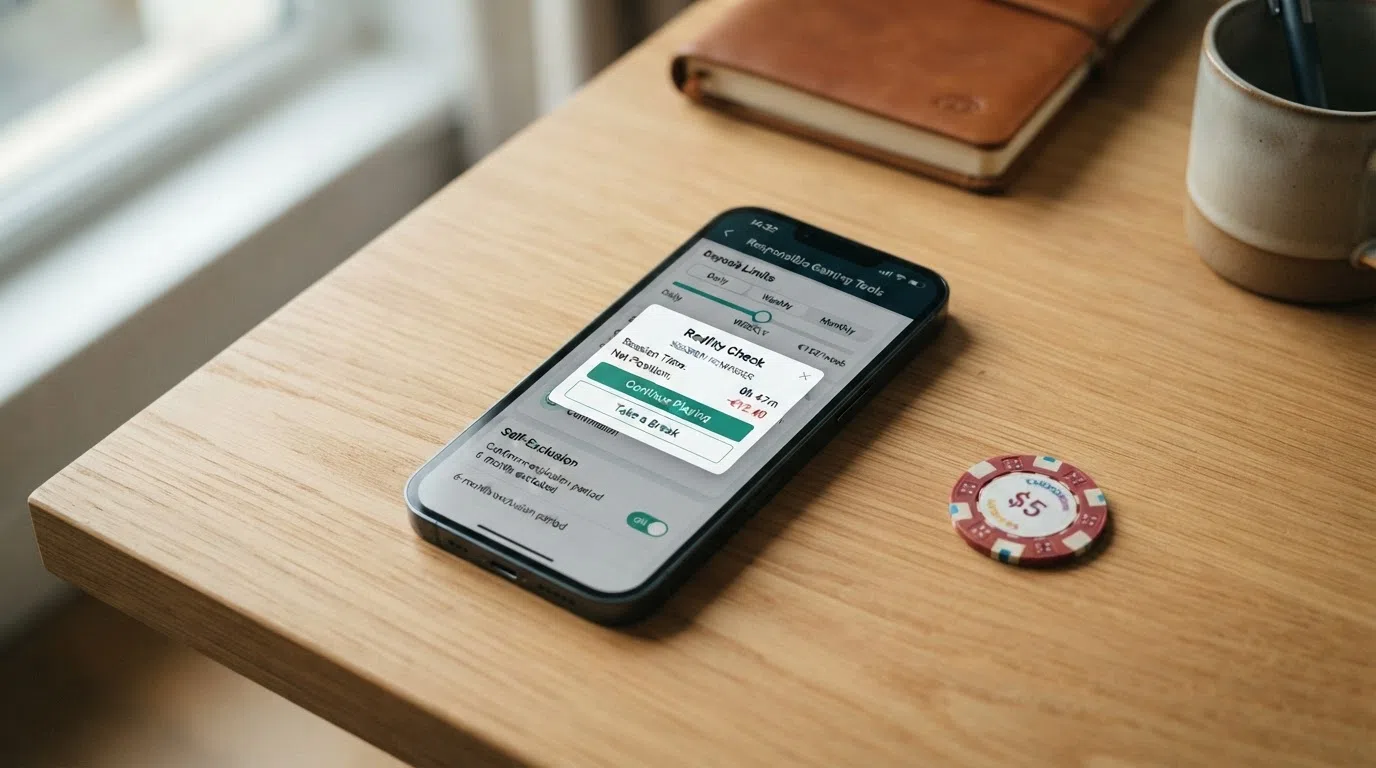 A screen showing a deposit-limit-setting interface with a calendar, a reality-check pop-up displaying session time and net position, and a GAMSTOP registration confirmation