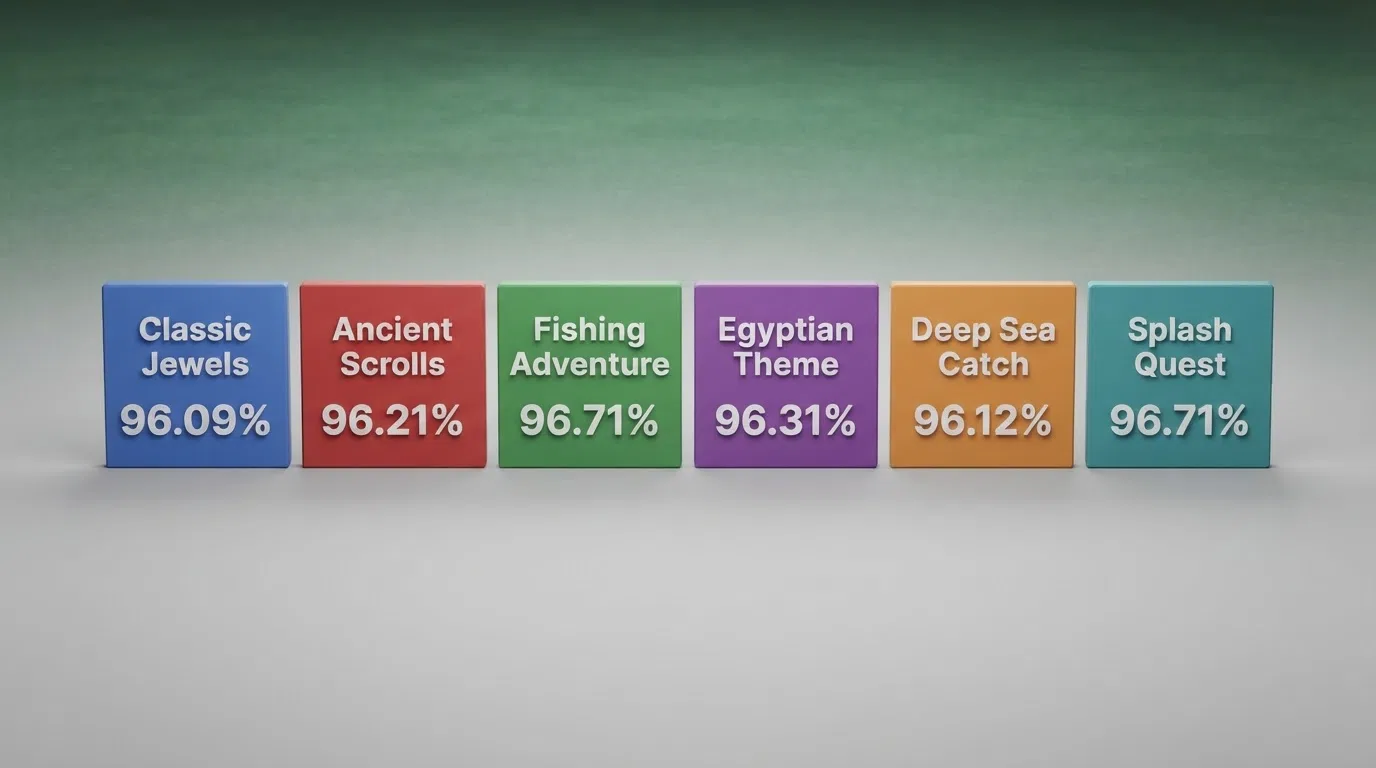 A visual of six slot-game tiles — Starburst, Book of Dead, Big Bass Bonanza, Eye of Horus, Fishin' Frenzy and Big Bass Splash — with their RTP percentages displayed beneath each title