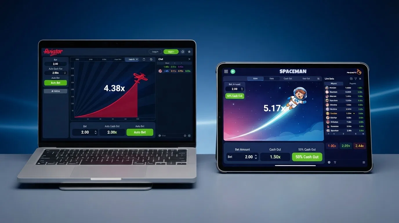Side-by-side game interfaces of Aviator by Spribe and Spaceman by Pragmatic Play showing their similar multiplier-based crash-game design
