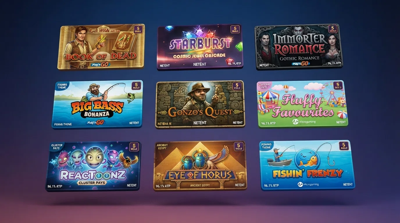 A grid layout of the featured five-reel slot title cards, showing Book of Dead, Starburst, Immortal Romance and Big Bass Bonanza