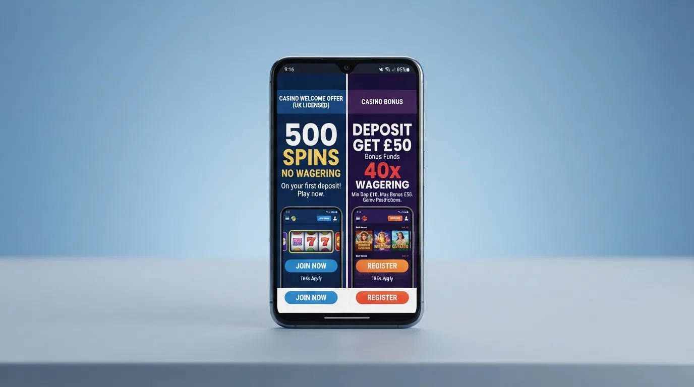 A split-screen comparison view of two UK-licensed casino app welcome-offer screens side by side on an Android phone, showing different free-spin counts and terms
