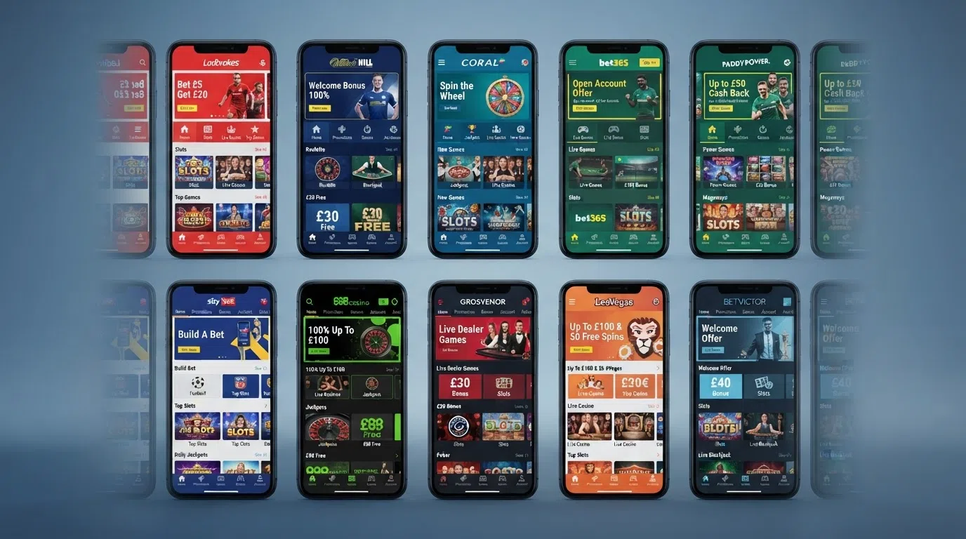 A comparison-style layout of multiple smartphone screens each showing a different casino app home screen, arranged in a grid