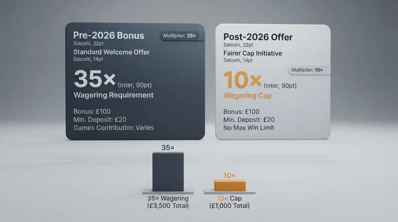 A simplified visual comparison of a bonus offer card showing the headline figure, the wagering requirement as a multiplier badge, and the resulting total turnover the player must meet — one card under the old 35× typical and one under the new 10× cap.
