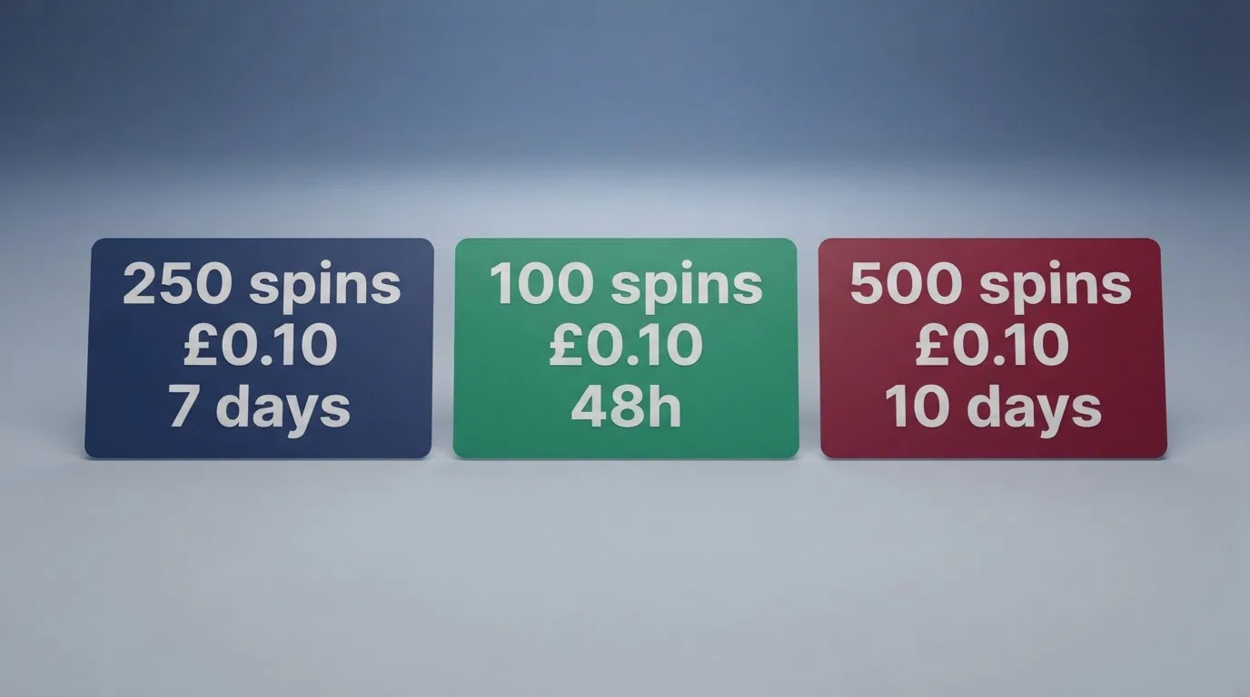 A horizontal row of casino welcome-bonus cards showing different free-spin counts, wagering labels and validity dates
