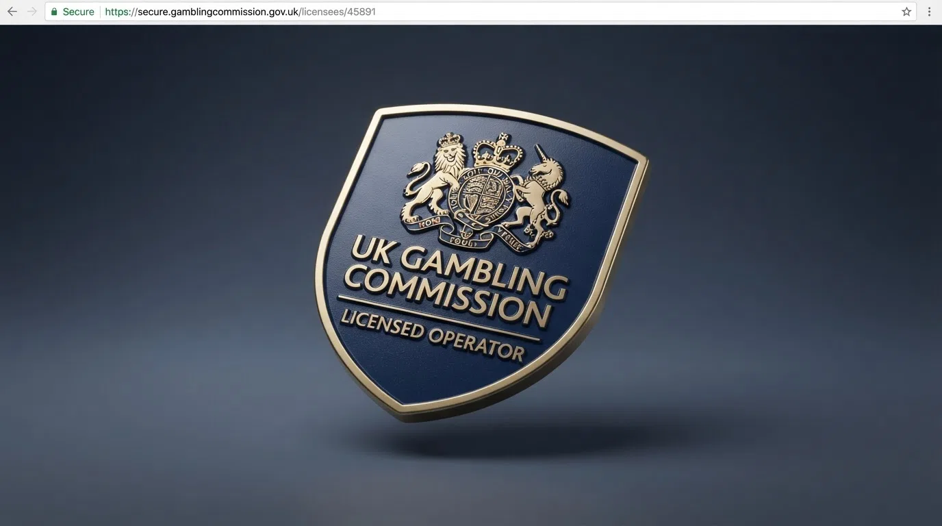 A close-up of a UK Gambling Commission licence badge displayed on a casino website footer, with a padlock icon visible in the browser address bar beside it