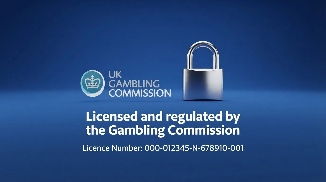 The Gambling Commission logo on a UK casino footer beside a padlock icon and the text “Licensed and regulated by the Gambling Commission” with a visible licence number