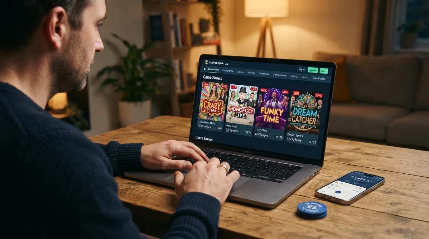 A split-screen view of a UK-licensed online casino's live dealer lobby, showing the game-show category tiles — Crazy Time, Monopoly Live, Funky Time and Dream Catcher thumbnails with live dealer avatars and player counts