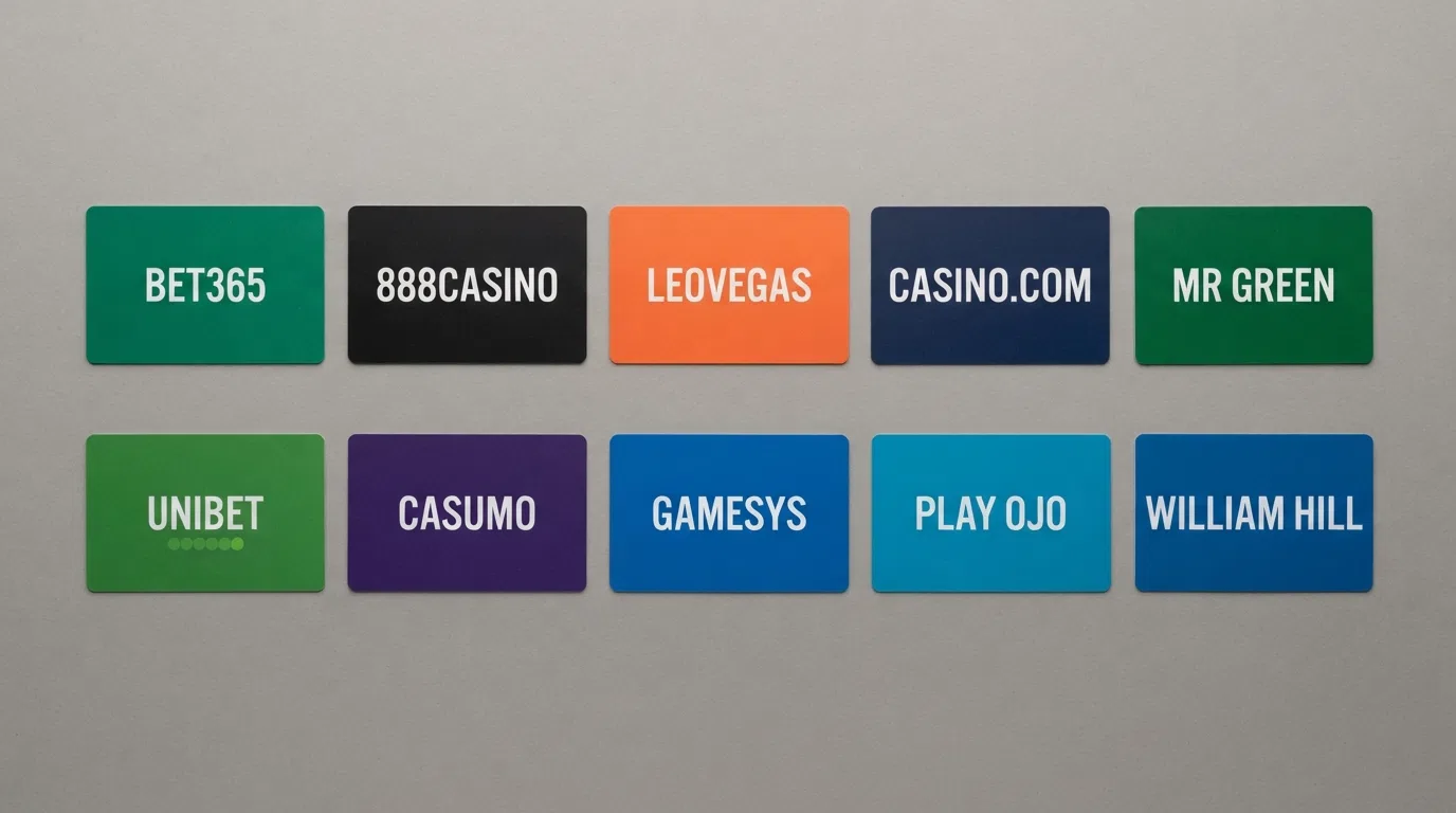 A flat-lay arrangement of ten UKGC-licensed casino brand cards laid out in two rows of five with licence numbers printed beneath each logo