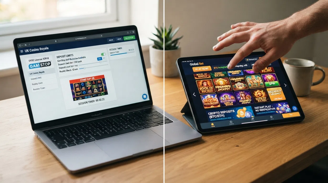 A visual split between a UKGC-licensed casino interface showing GamStop and deposit-limit prompts, and an international casino interface without them