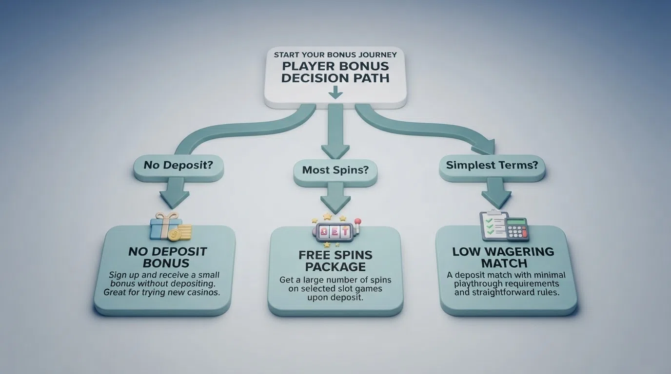 A decision-flow diagram showing three paths — “No Deposit?”, “Most Spins?”, “Simplest Terms?” — each leading to a different type of welcome offer