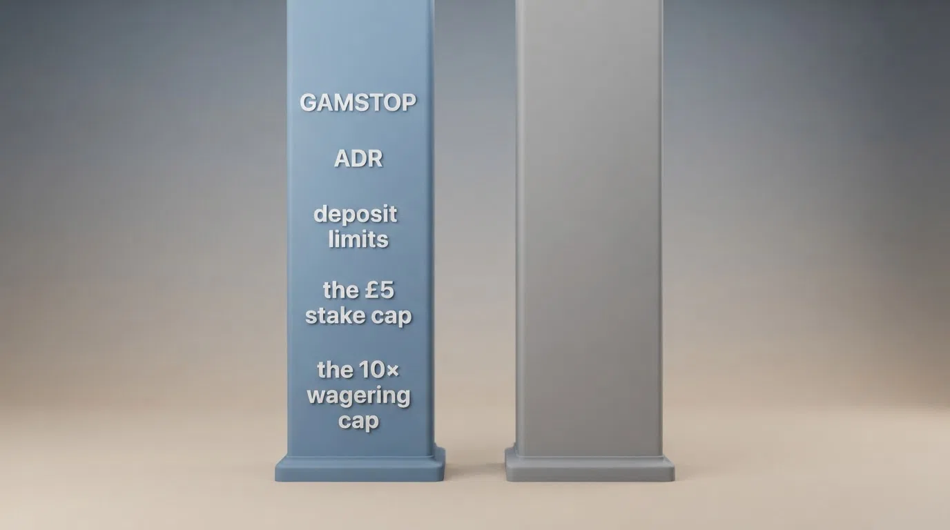 A visual comparison of player protections — a column of UKGC-mandated safeguards alongside an empty column for Anjouan, with GAMSTOP, ADR and stake limits highlighted