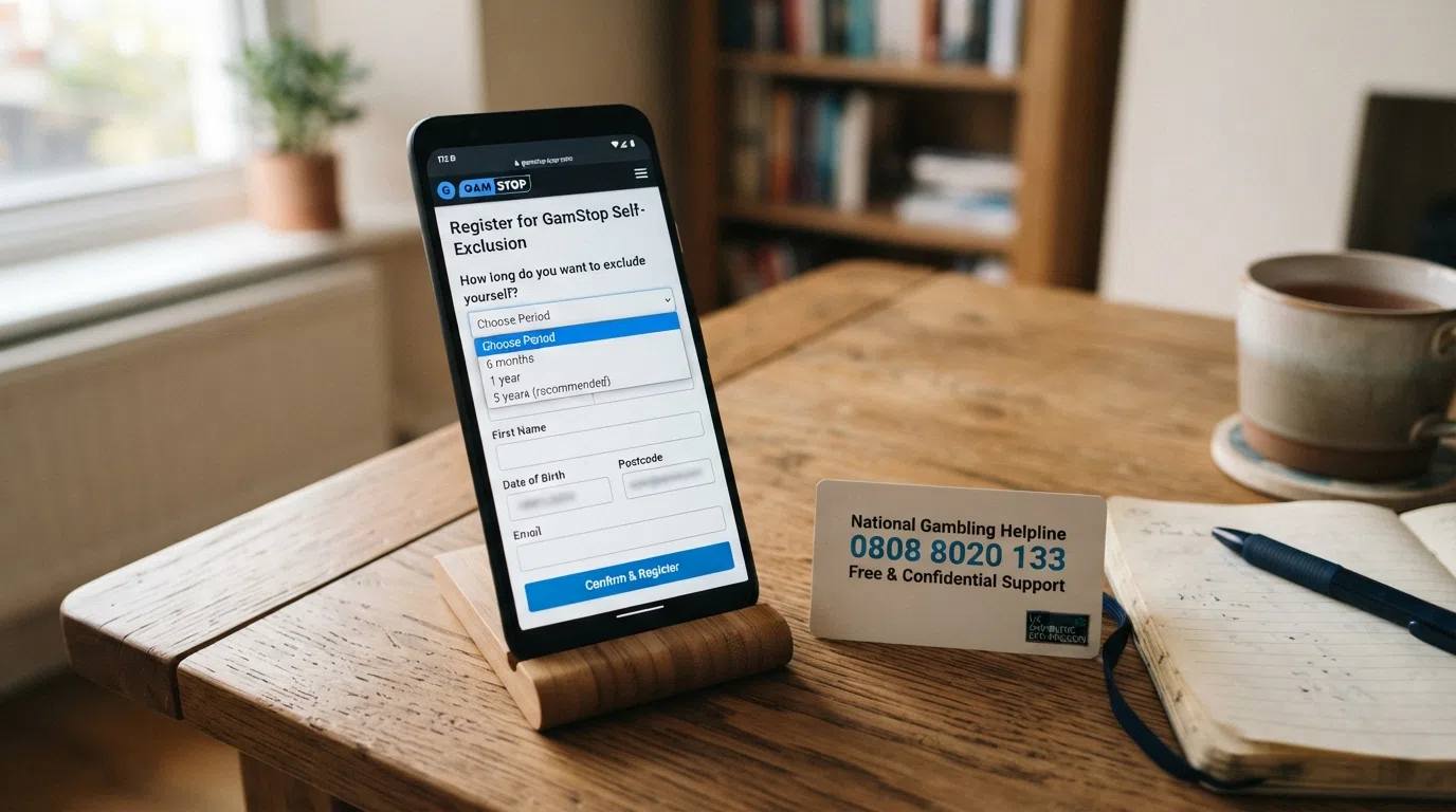 A smartphone screen displaying the GamStop registration page with the self-exclusion period selector visible, next to a UKGC licence badge and the National Gambling Helpline number