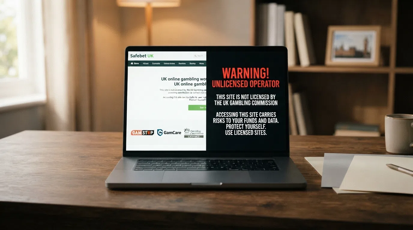A split-frame visual: the left side showing UKGC licence badges, GAMSTOP and GamCare logos under a green “Protected” banner; the right side showing an unlicensed-operator warning screen with no safeguards listed