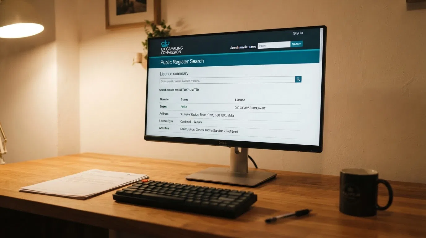 A desktop screen showing the UK Gambling Commission public register search page with a licence entry visible